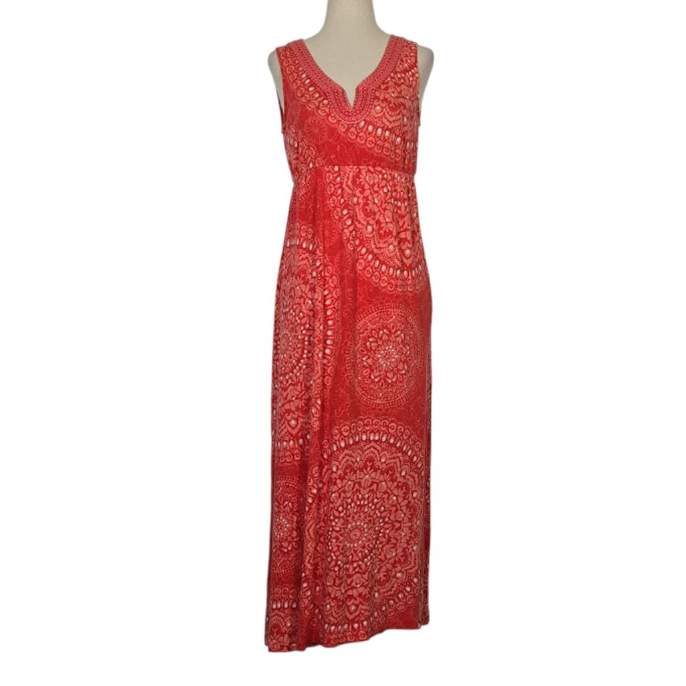 TOMMY BAHAMA Women’s M Red Medallion Print Maxi Dress Elastic Empire Waist GUC